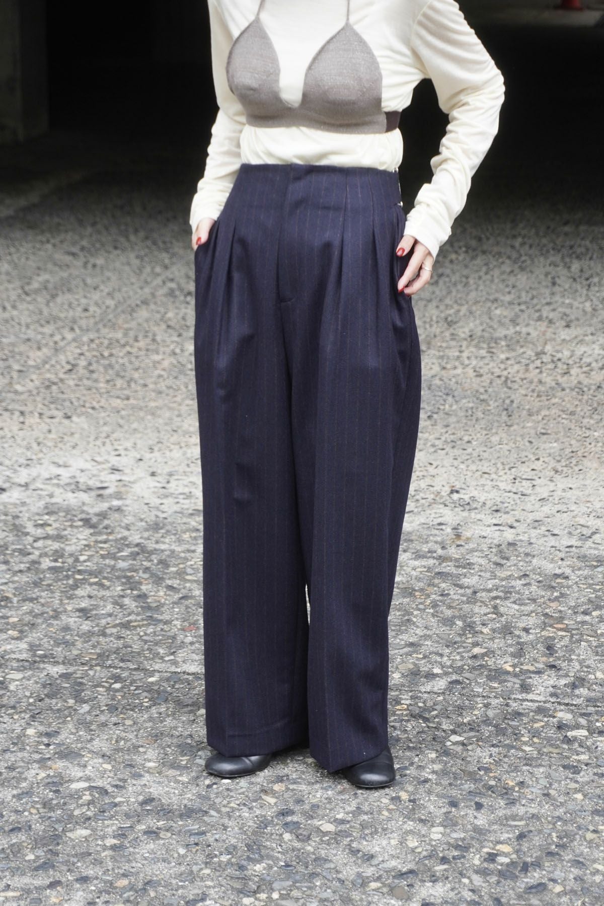 WOOL STRIPE WIDE TROUSERS[NAVY STRIPE] | 1LDK (ワンエルディーケー