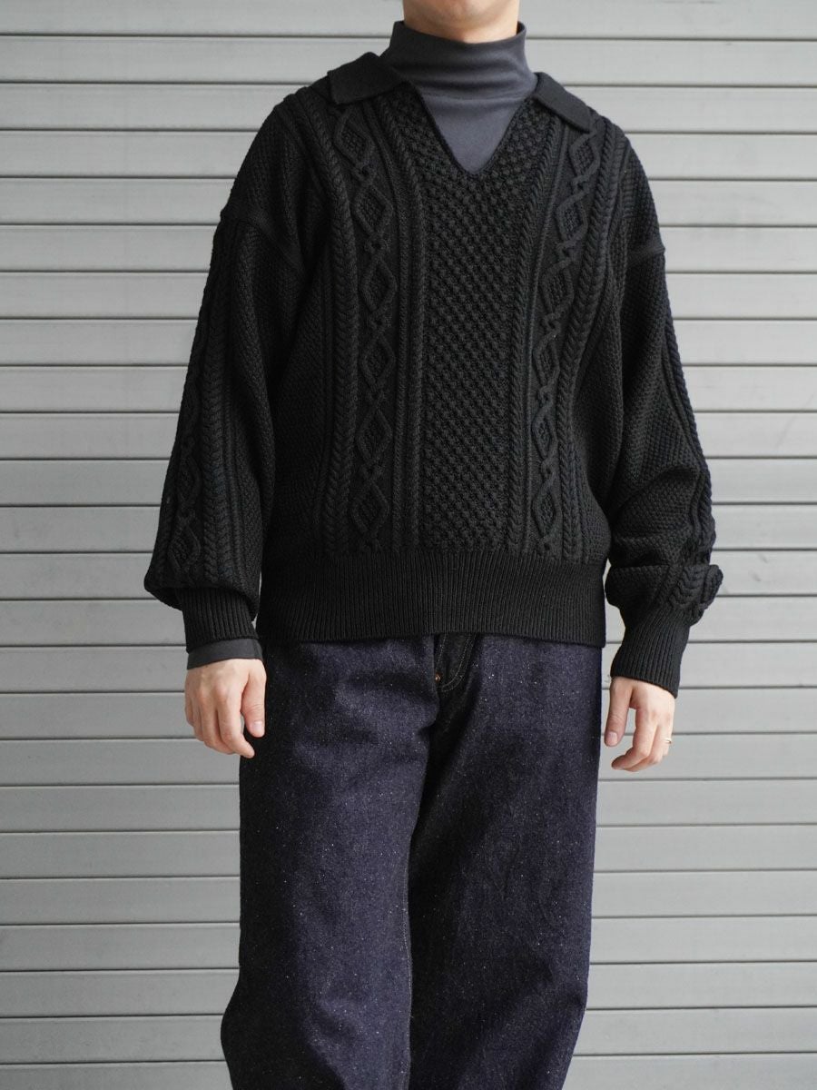 新品MEIAS ドライバーズニット LILY W/PE DS 黒 L LILY W/PE CABLE SKIPPER PULL OVER[BLACK] | 1LDK (ワンエルディー