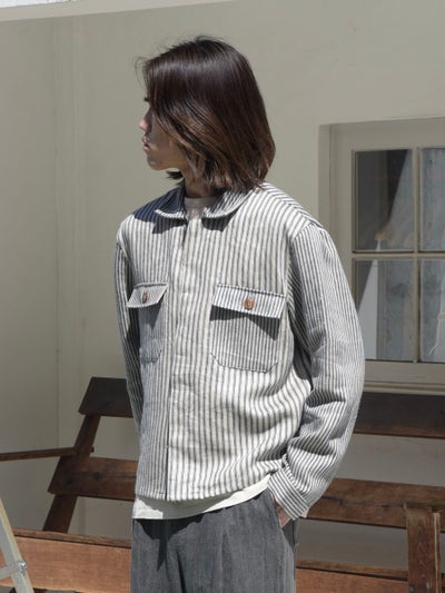 VINTAGE FARMERS LINEN STRIPE CINCH BACK JACKET[STRIPE] | 1LDK 
