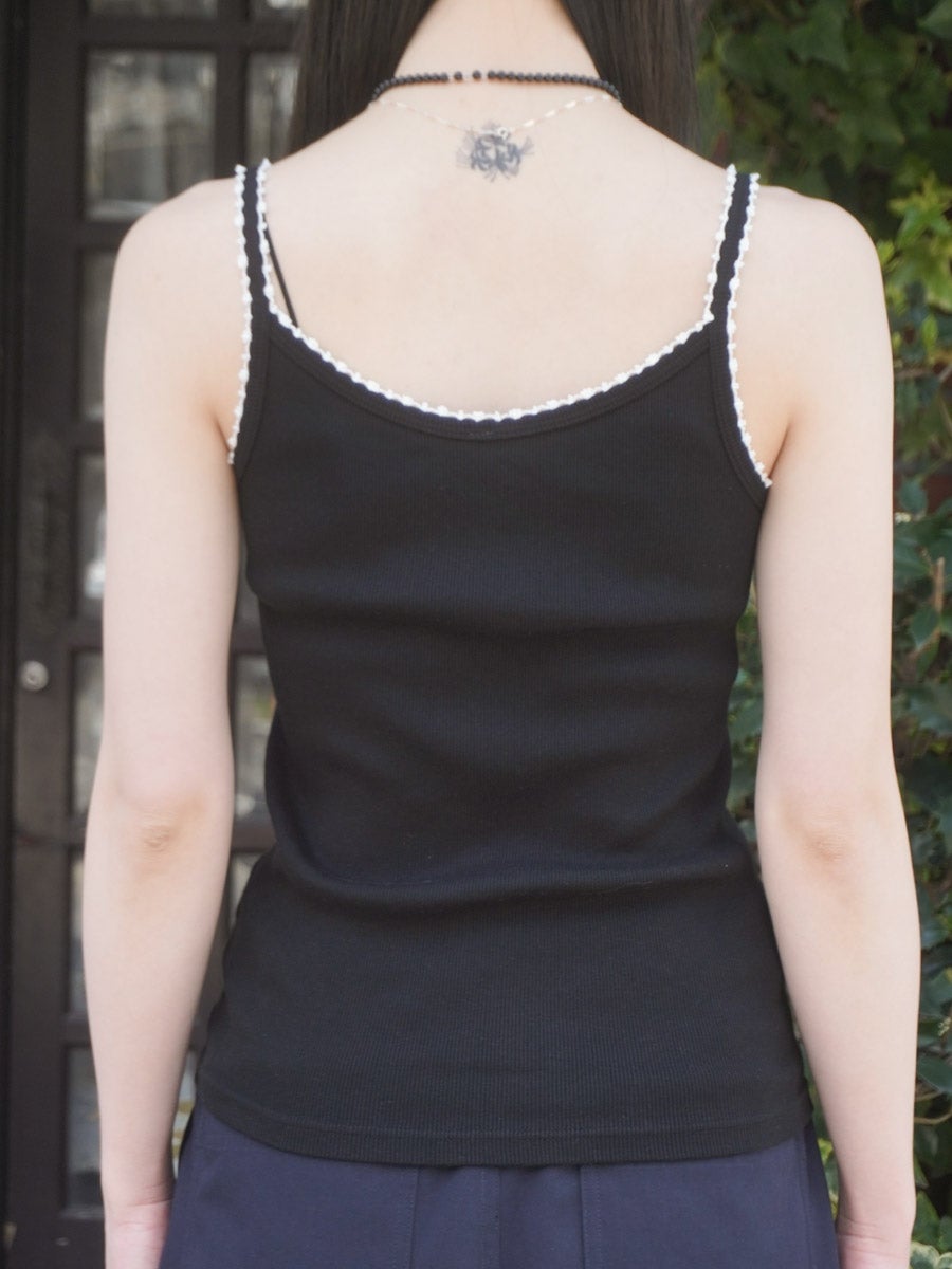 Cotton/Silk Ribbed Camisole w/Emb.[BLACK] | 1LDK (ワンエルディー