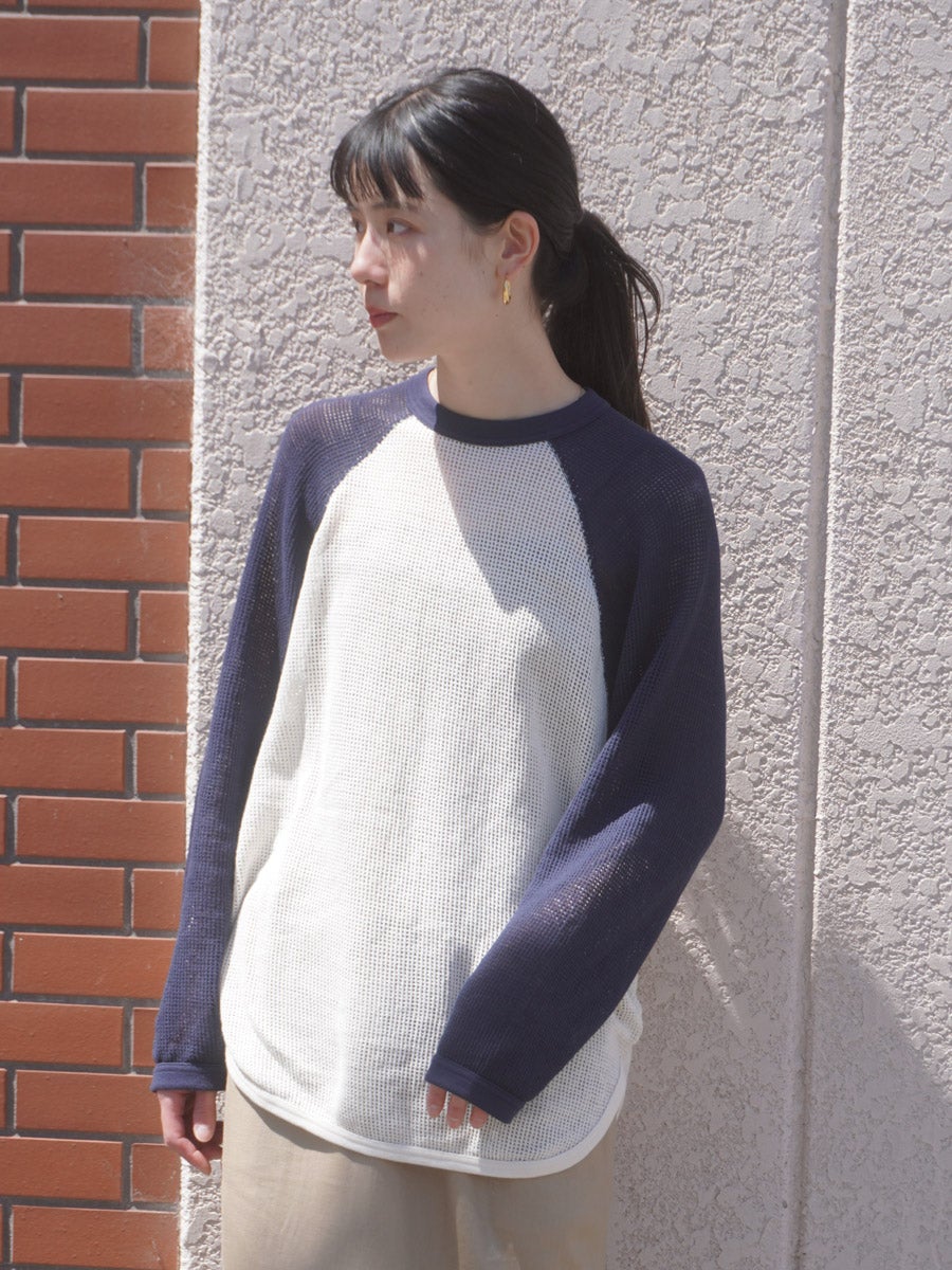 Basket Mesh Raglan L/S Tee [IVORY × NAVY] | 1LDK (ワンエルディー